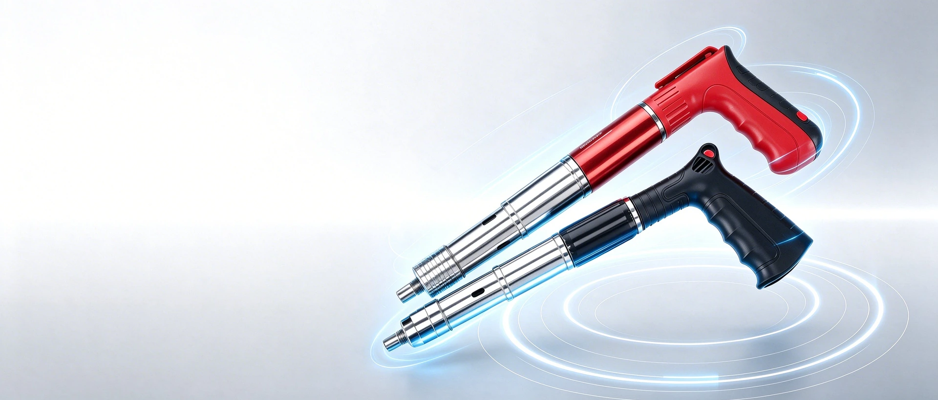 Red mini and black heavy-duty powder-actuated tools on a clean industrial background