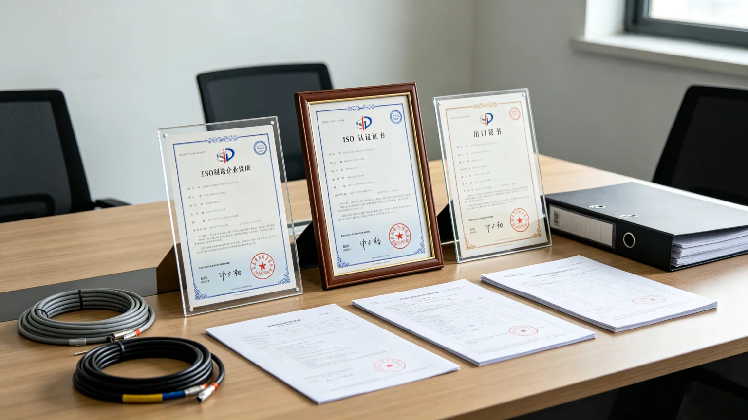 Quality documents and product samples on a review table