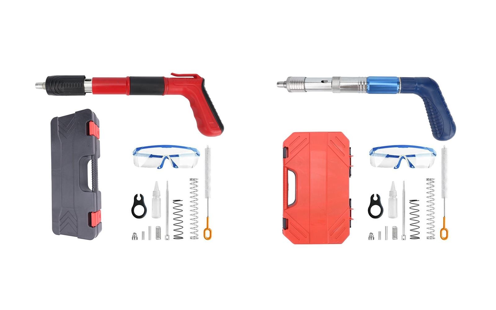Mini and heavy-duty powder-actuated tool models with carry cases, safety glasses and accessory kits