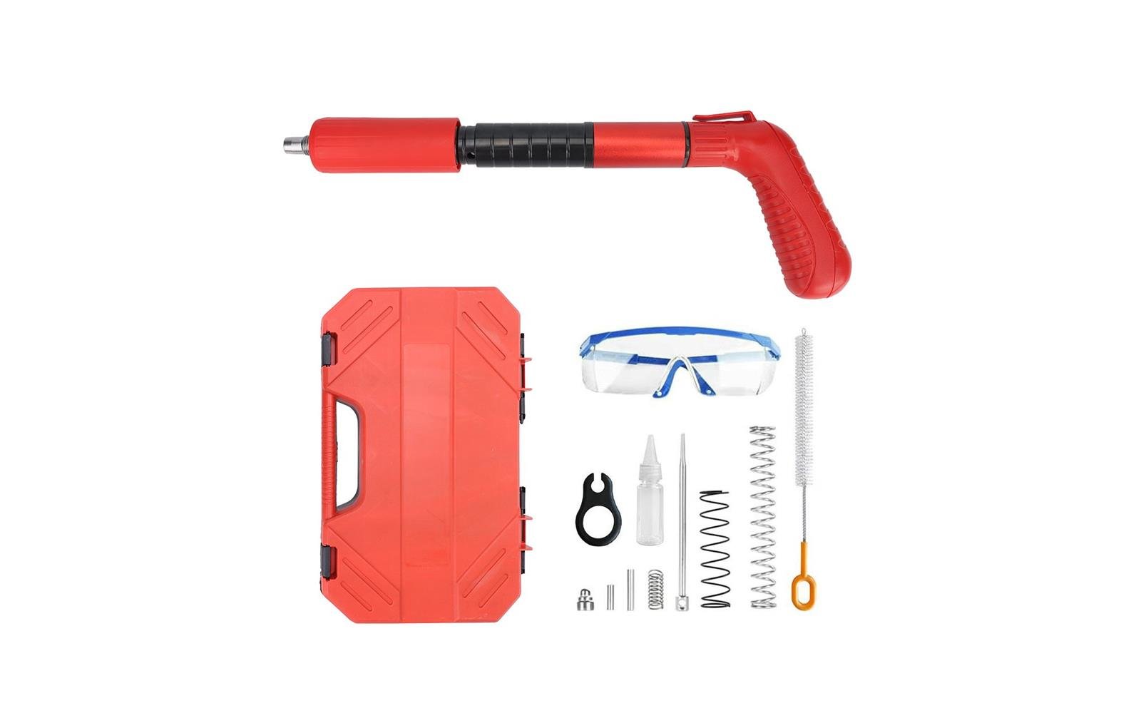 Powder-actuated nail gun model reviewed with its case and accessory kit before shipment